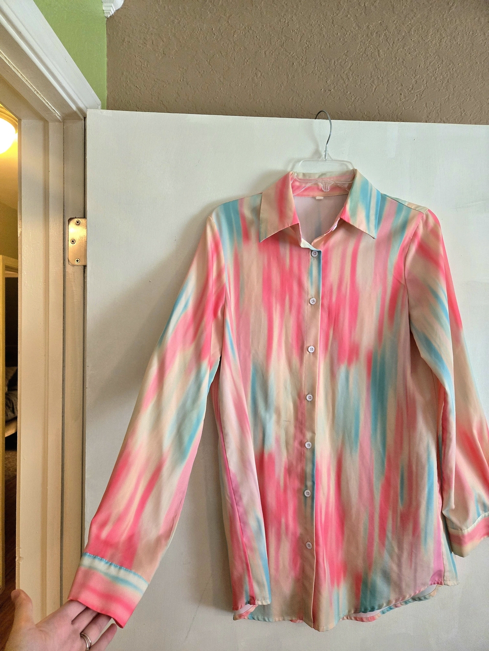 Women's Pink Blue Watercolor Button-Up Blouse